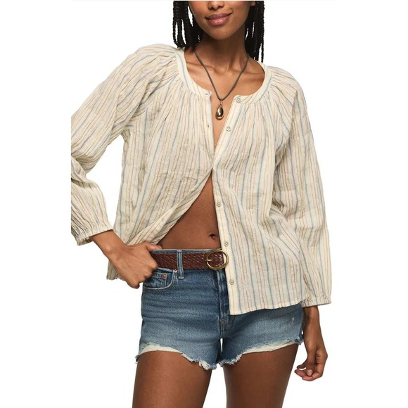 Lucky Brand Tops - Lucky Brand Cotton Cream Striped Crinkle Gauze Button Down Top XL